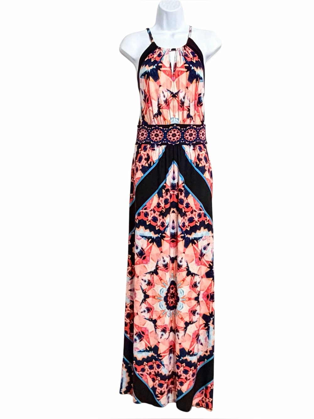 London Times Techno Prism Maxi Halter Dress Womens 14 Colorful Resort Vacation